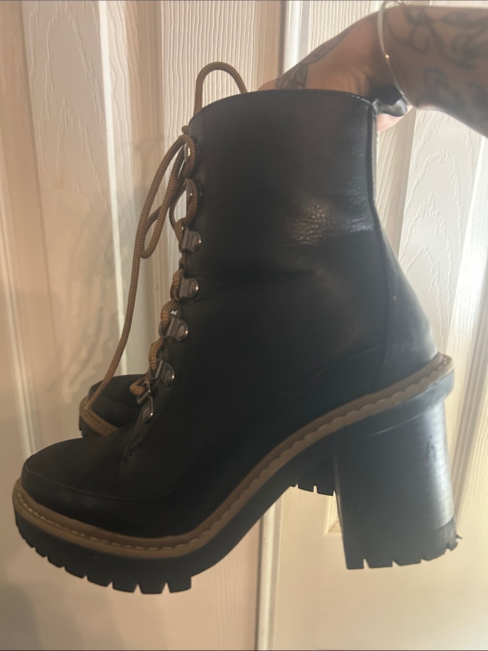 a new day Black Lace-Up Chunky Heel Ankle Boots with Tan Trim